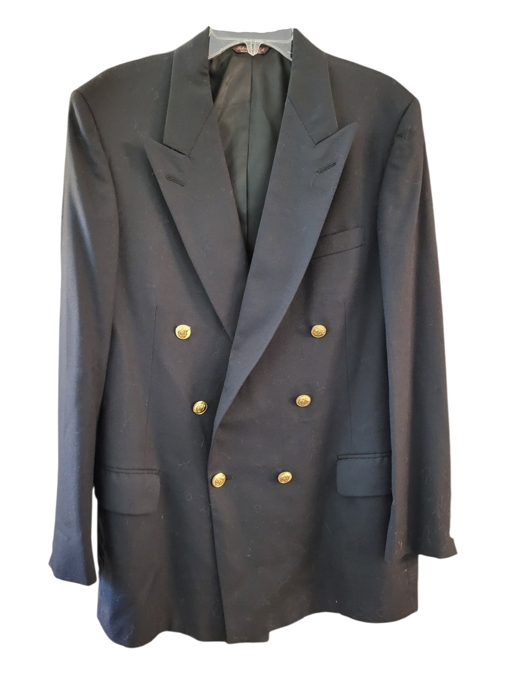 Vintage Men's Double-Breasted Black 100% Wool Blazer w/ Gold Buttons - Size 42L